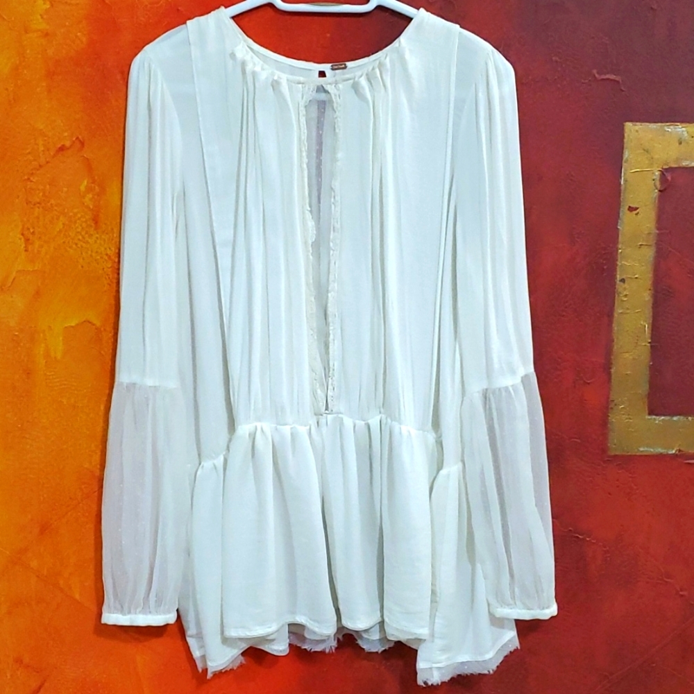 Free People White Flowy long Sleeve Blouse